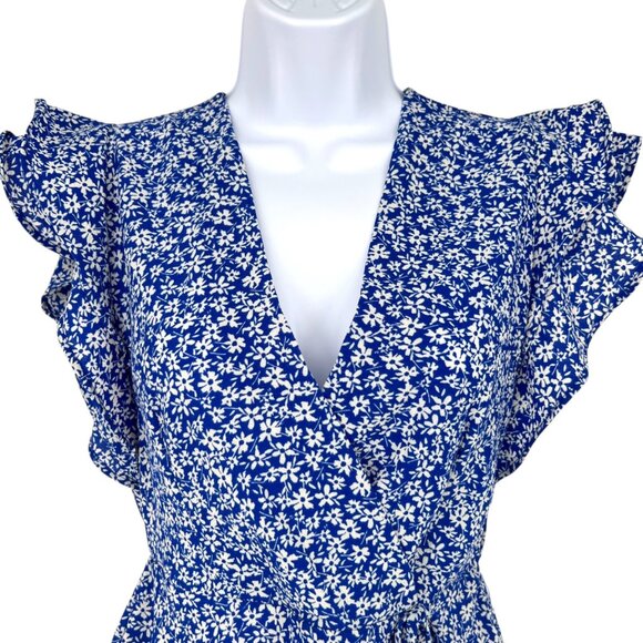 Monteau Floral Ruffle Sleeve Wrap Peplum Blouse Blue White Size Small - Picture 2 of 11